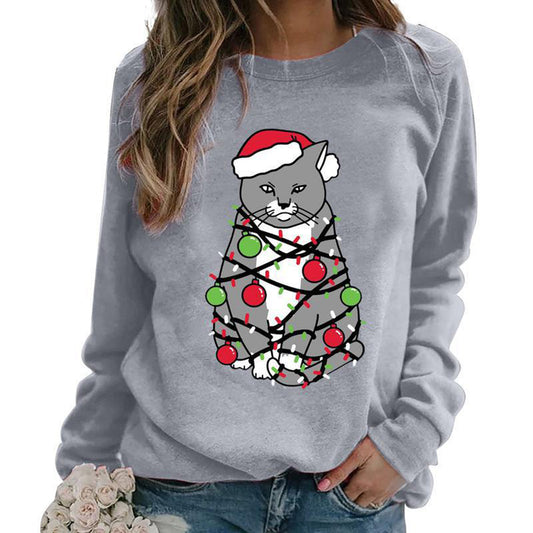 YESFASHION Christmas Tops Cat Print Crewneck Women T-shirt