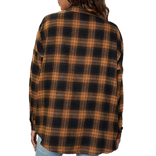 YESFASHION Plaid Double-pocket Lapel Tops Long-sleeve Shirt