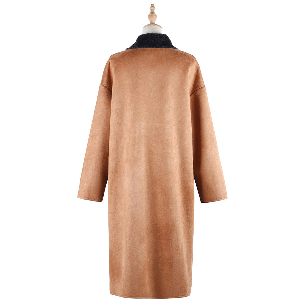 YESFASHION Fall Winter New Lapel Solid Suede Coat Long Coats