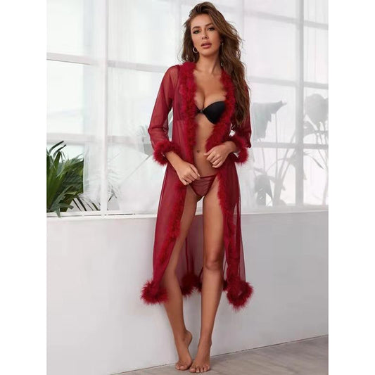 YESFASHION Fluffy Sexy Lingerie Female  Skirt Long Sleeve Sexy Pajamas