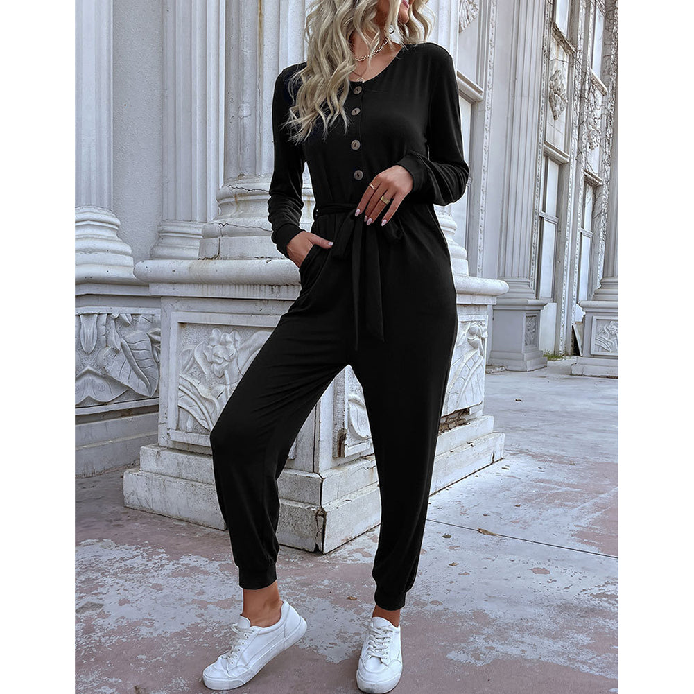 YESFASHION Casual Thin Long-sleeved Black Jumpsuit Pants