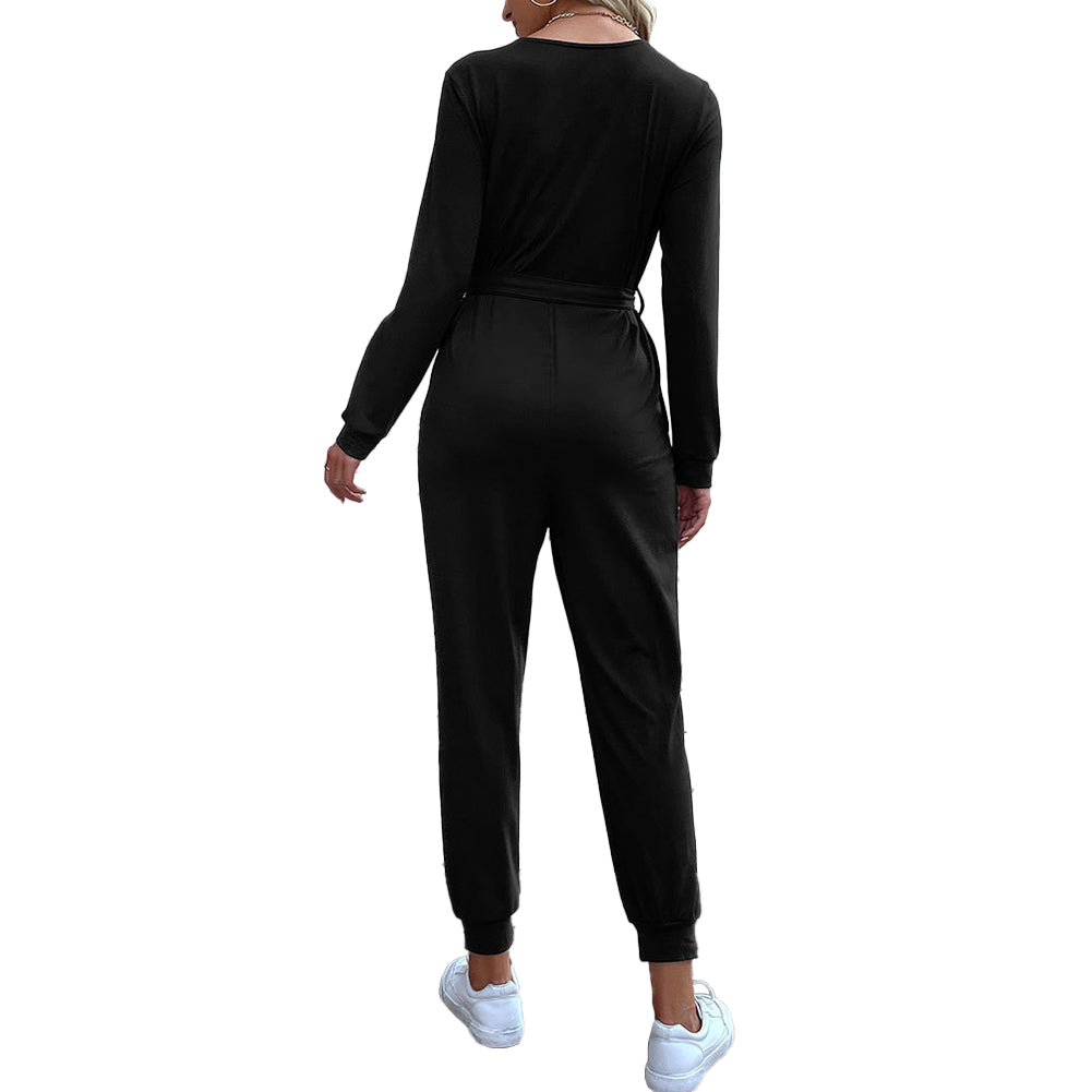 YESFASHION Casual Thin Long-sleeved Black Jumpsuit Pants