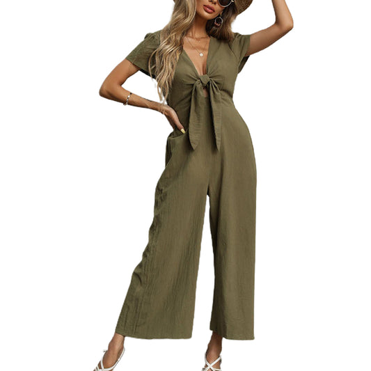 YESFASHION New Sexy Nine-point Cotton Linen Wide-leg Casual Jumpsuit