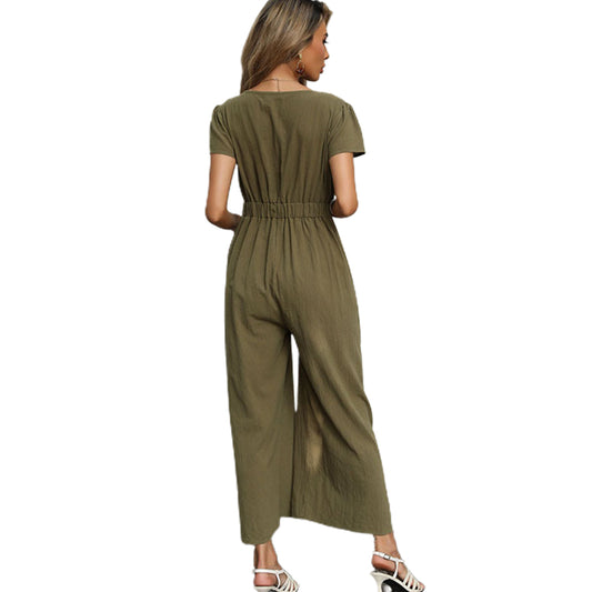 YESFASHION New Sexy Nine-point Cotton Linen Wide-leg Casual Jumpsuit