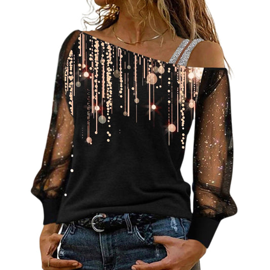 YESFASHION Women One-neck Off-the-shoulder Printed Tops T-shirt