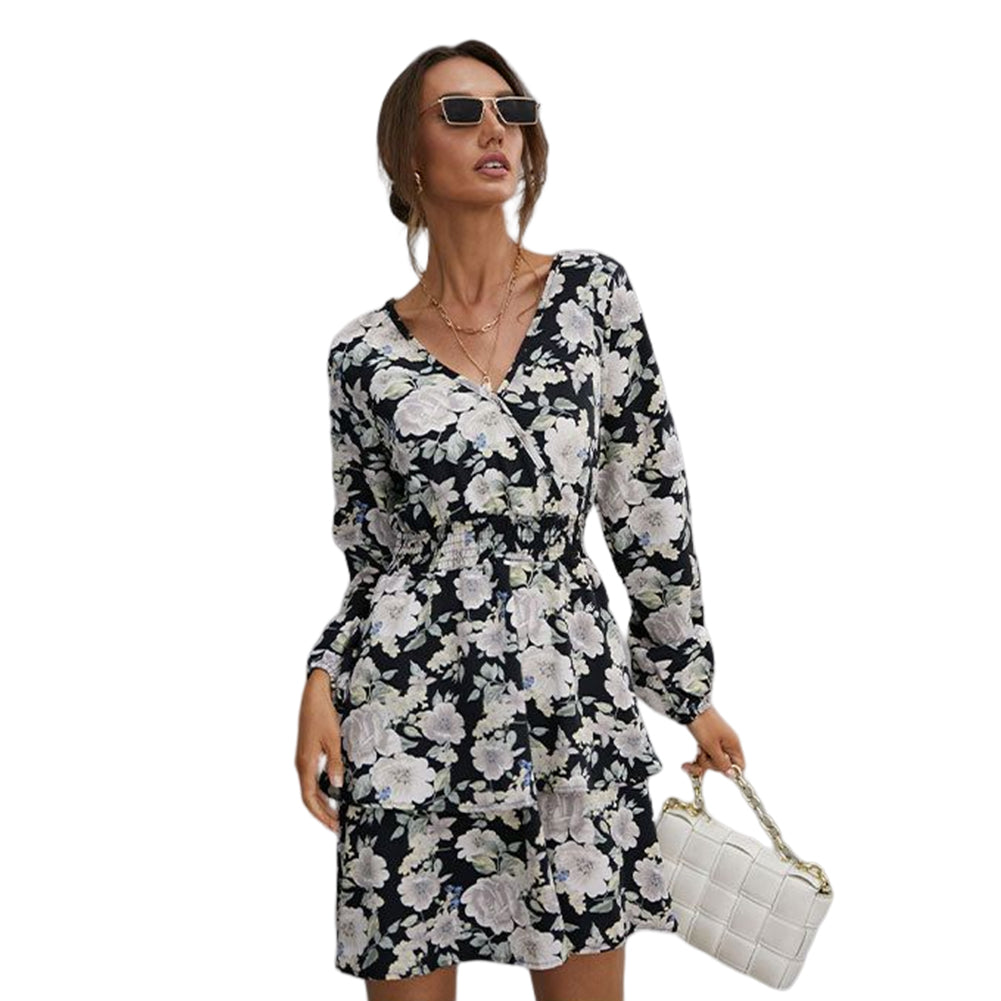 YESFASHION Women Fashion Short Printed V-neck Long Sleeve Dress