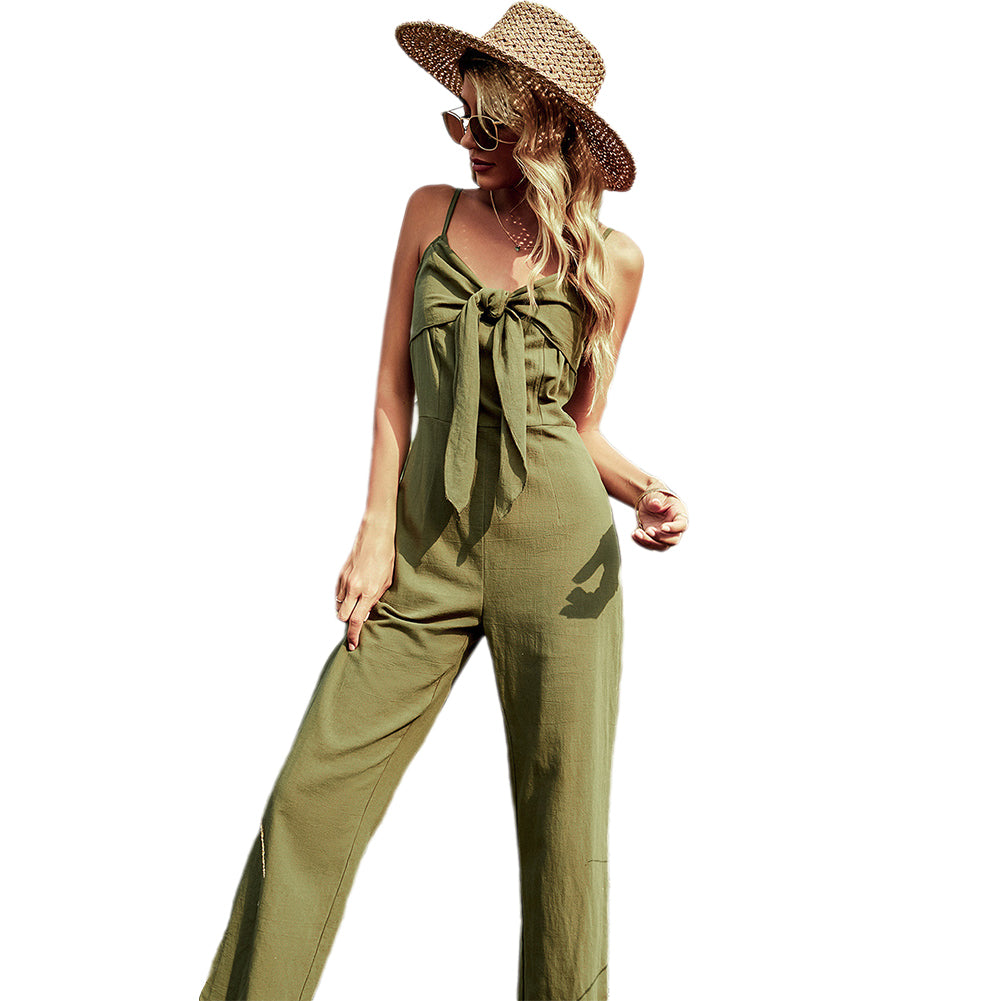 YESFASHION Backless Bowknot Sling Sexy Long Splicing Loose Jumpsuit