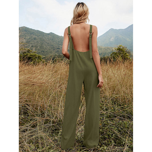 YESFASHION Solid Color Vest Backless Adjustable Tops Jumpsuit