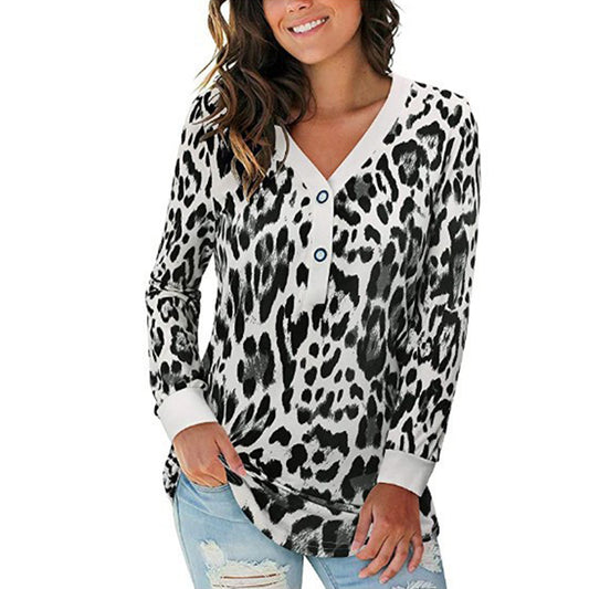 YESFASHION V-neck Button Print Stitching Long-sleeved T-shirt Tops