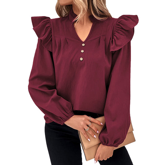 YESFASHION Women Clothing Tops Long-sleeved Solid Color Shirt